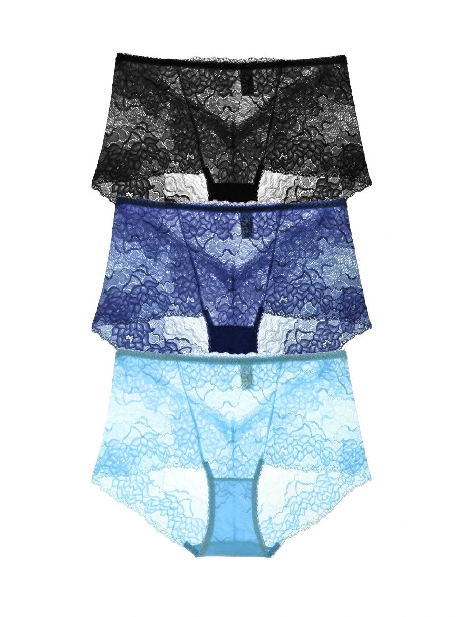 Sheer lace panties set in black navy and light blue