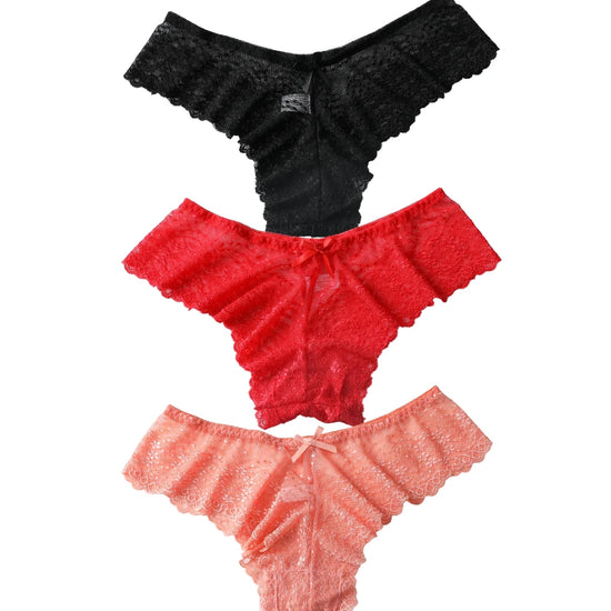 Three-piece floral lace thong panties set in black red and pink