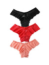 Three-piece floral lace thong panties set in black red and pink