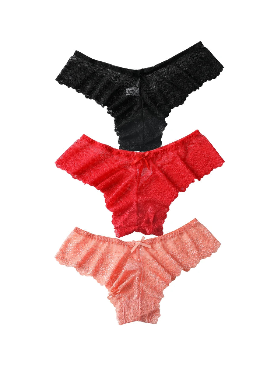 Three-piece floral lace thong panties set in black red and pink