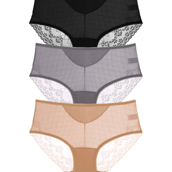 Three-piece sheer mesh panties set in black grey and nude