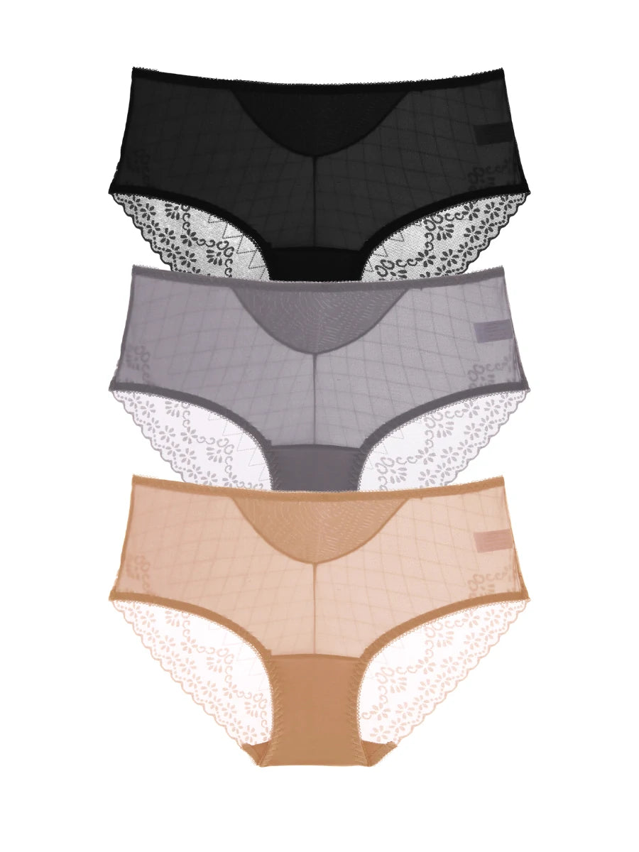 Three-piece sheer mesh panties set in black grey and nude