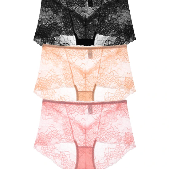 Three-piece floral lace panties set in black nude and pink