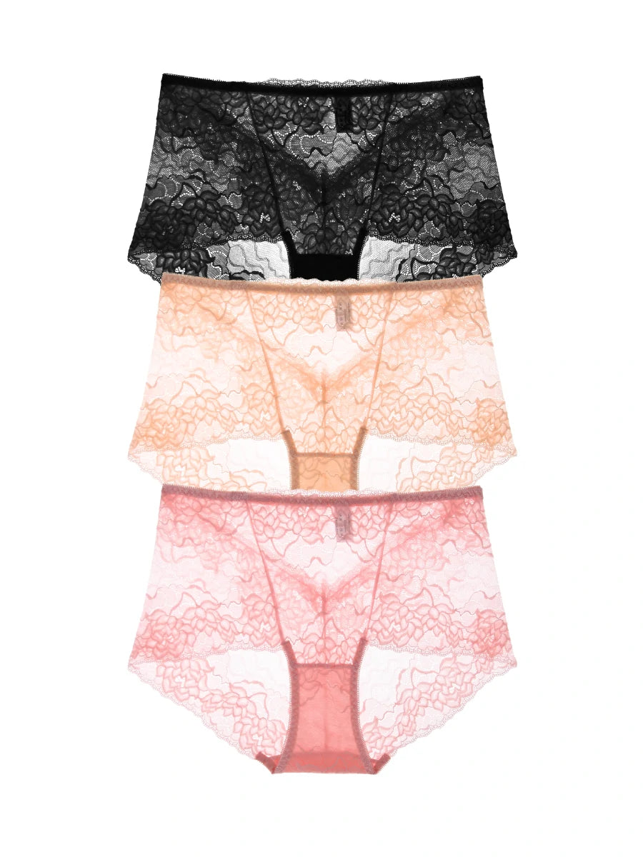 Three-piece floral lace panties set in black nude and pink