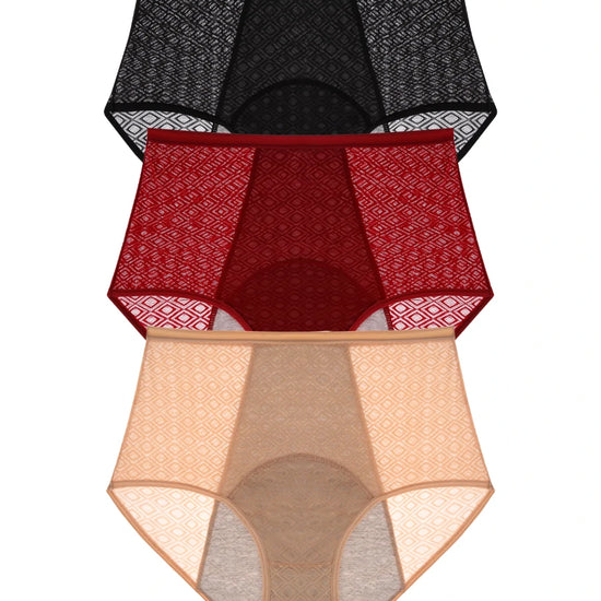 Three-piece leakproof high-waist underwear set in black red and nude
