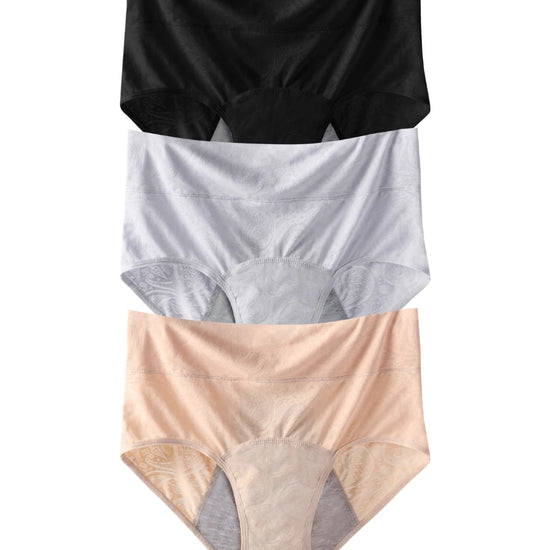 Three-piece seamless leakproof underwear set in black white and nude