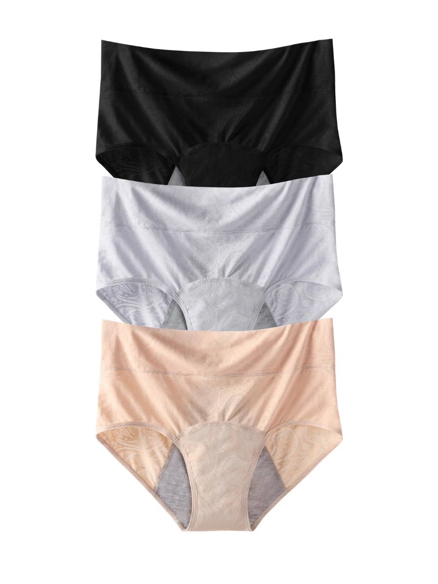 Three-piece seamless leakproof underwear set in black white and nude