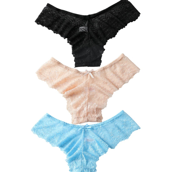 Sheer lace low-rise panties set in black nude and blue