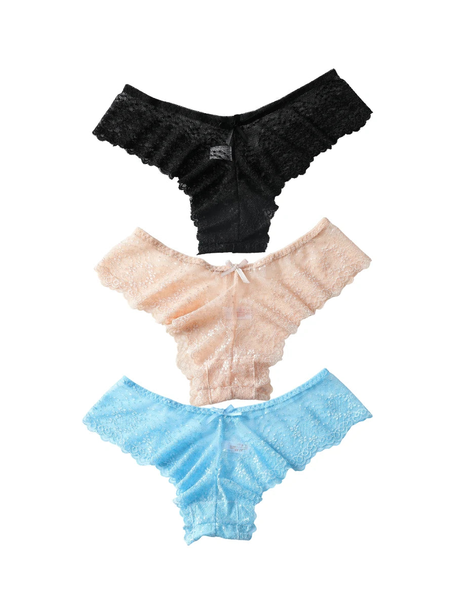 Sheer lace low-rise panties set in black nude and blue