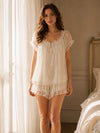 Front view viscose chiffon pajama set with bow neckline detail