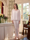 Light pink viscose long sleeve pajama set with printed pants and relaxed top