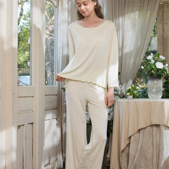 Light yellow long sleeve pajama set with relaxed silhouette for lounging