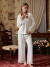 White ruffle lace button-down pajama set shown in a full front view with long sleeves and pants