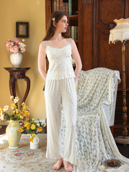Full-length white floral pajama set view showing the soft cardigan and flowing pants