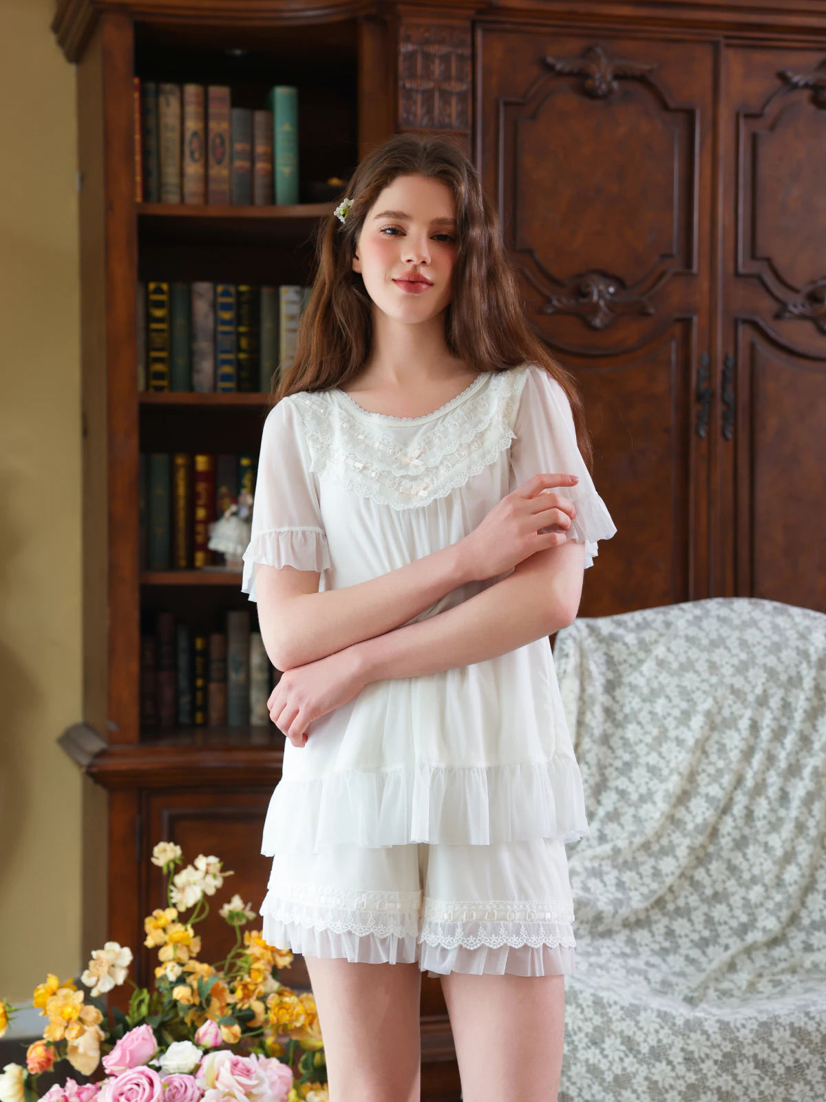 White lace ruffle short pajama set shown from the front with flutter sleeves and soft lining