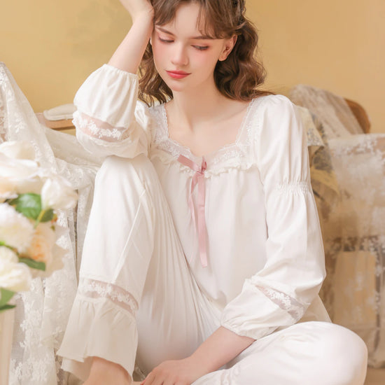 White square neck lace pajama set shown from the front with long sleeves and full-length pants