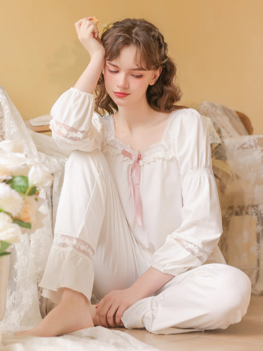 White square neck lace pajama set shown from the front with long sleeves and full-length pants