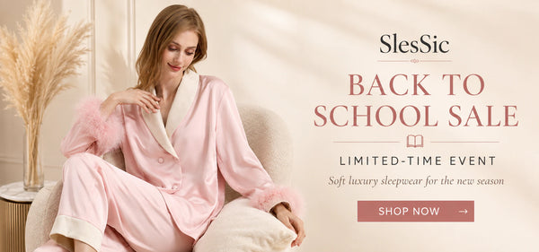 SlesSic Back to School sale featuring a woman in soft pink satin pajamas, inviting shoppers to shop the limited-time event.
