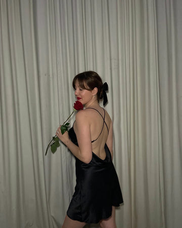 Slessic Sexy Black Backless Satin Nightgown - Silk Slip Dress with Cowl Neck & Cross Straps Sleepwear for Women
