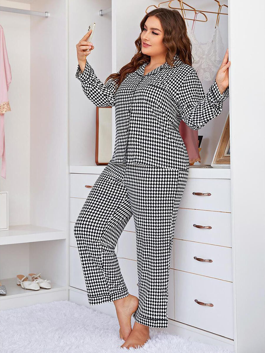 Black-white Classic Plus Size Elegant Small Diamond Print Casual Loungewear Pajama set