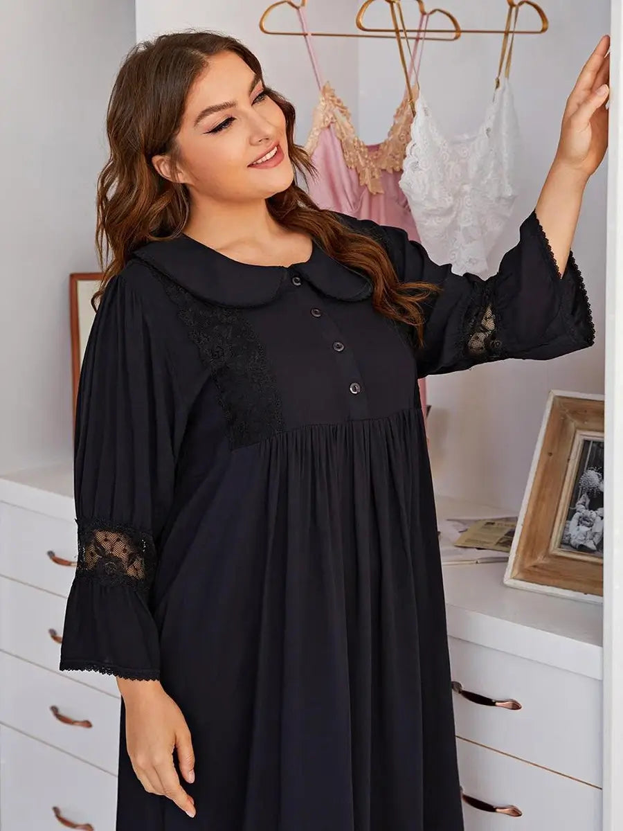 Deep Blue Plus Size Vintage Rayon Romantic Embroidered Chest Buttons See-through Lace Long-sleeved Nightwear Nightdress