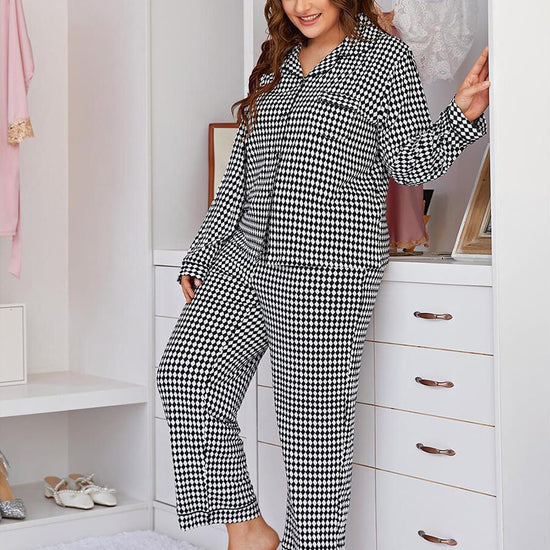 Black-white Classic Plus Size Elegant Small Diamond Print Casual Loungewear Pajama set