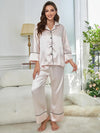 Champagne Classic Elegant Smooth Satin Long Sleeve Simple Upscale Loungewear Nightwear Pajama Set