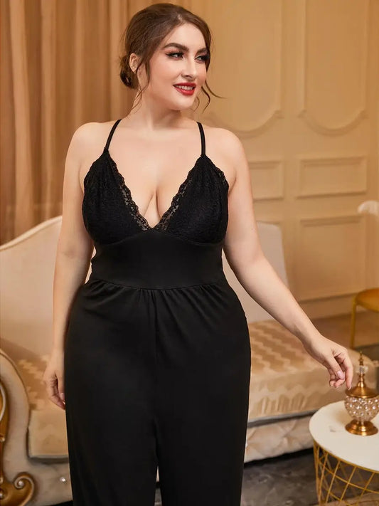 Black Vintage Sexy Plus Size Lace Embroidered Camisole See-Through Pants Hem Loungewear Nighties One-Piece Jumpsuit Pajama set