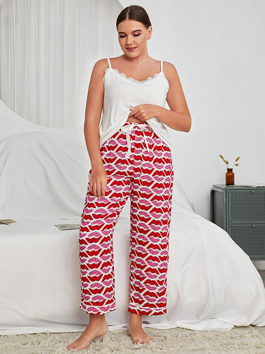 White Plus Size Classic Sexy Red Lips Print Lace Camisole Nightwear Sleepwear Pajama set