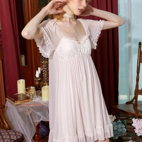 Pink Vintage Romantic See-Through Mesh Short-Sleeved Ruffled Edge Embroidered Nightwear Nightdress