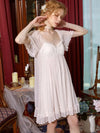 Feminine lace lounge dress with sheer flutter sleeves and ribbon detail