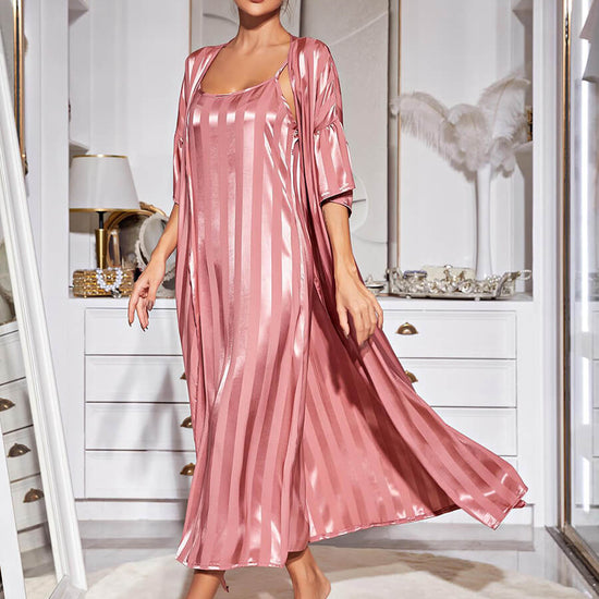 NewYork Classic Elegant Shiny Large Striped Satin Sexy Robe Slip Nightwear Nightdress Set