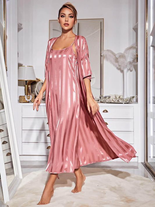NewYork Classic Elegant Shiny Large Striped Satin Sexy Robe Slip Nightwear Nightdress Set