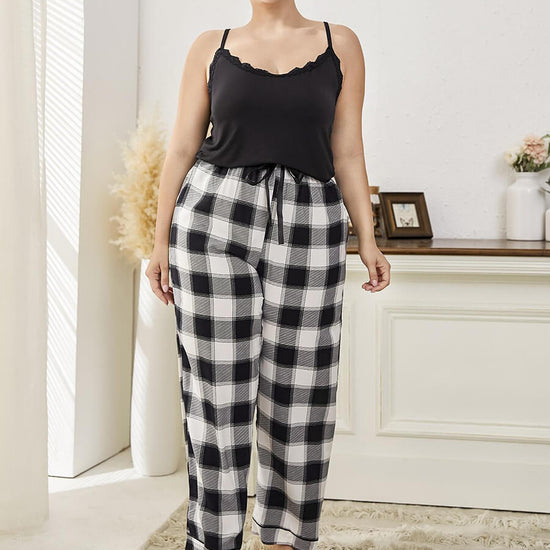 Black Plus Size Classic Lace Neckline Plaid Print Elegant Camisole Loungewear Sleepwear Pajama set