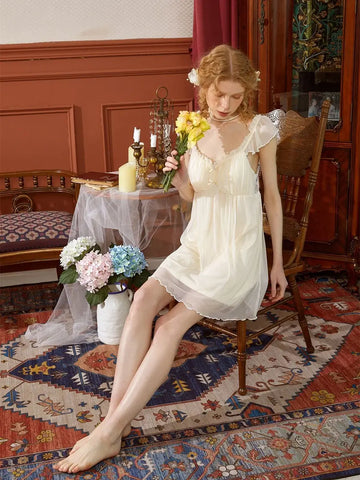 Light Yellow Vintage Romantic Ruffled Design See-Through Mesh Double Layer Lace Elegant Nightwear Nightdress