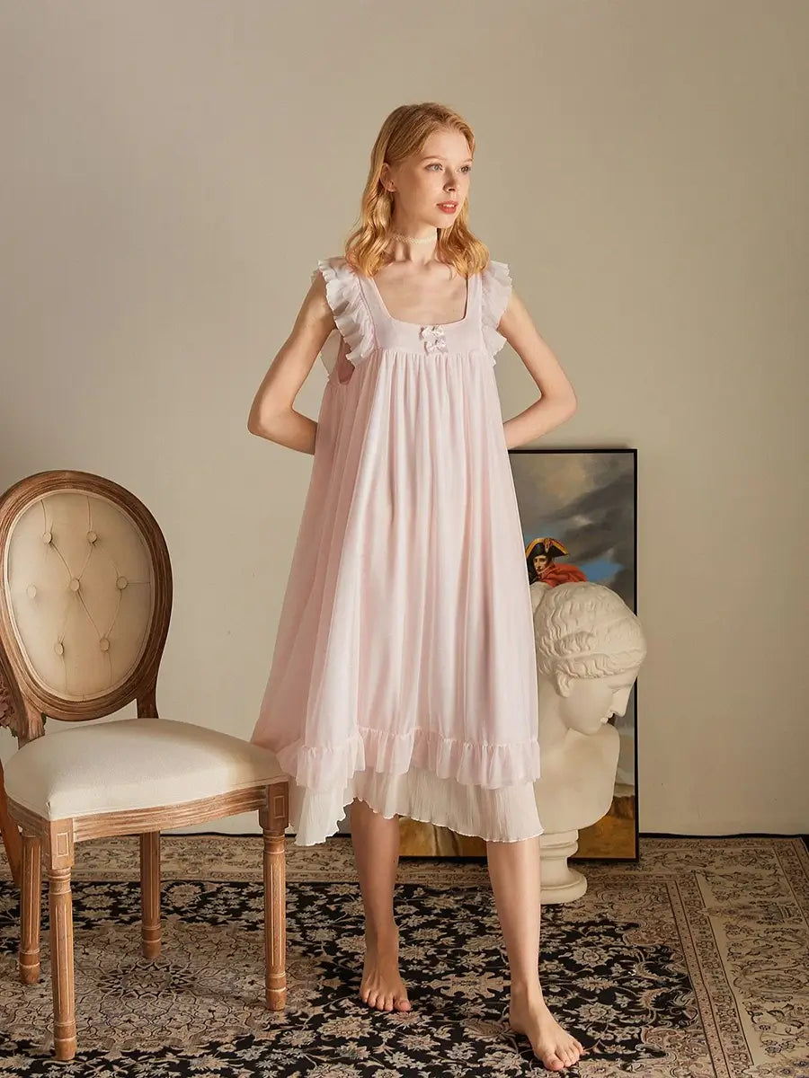 Pink Vintage Romantic Ruffled Edge Small Bow Elegant Mesh Nightwear Nightdress