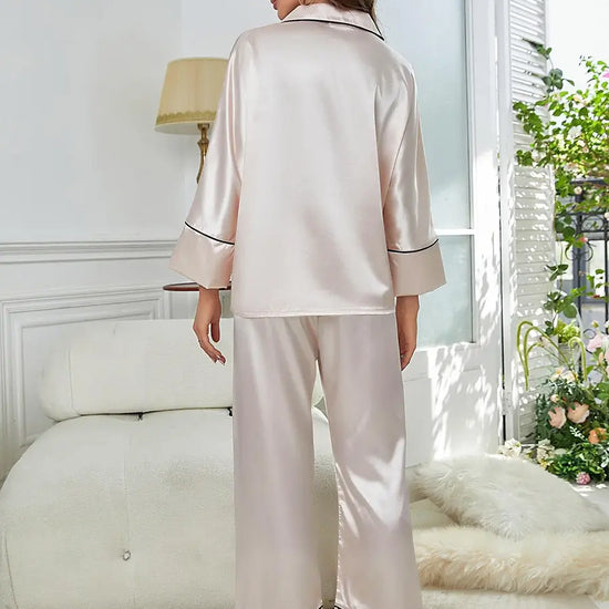 Champagne Classic Elegant Smooth Satin Long Sleeve Simple Upscale Loungewear Nightwear Pajama Set