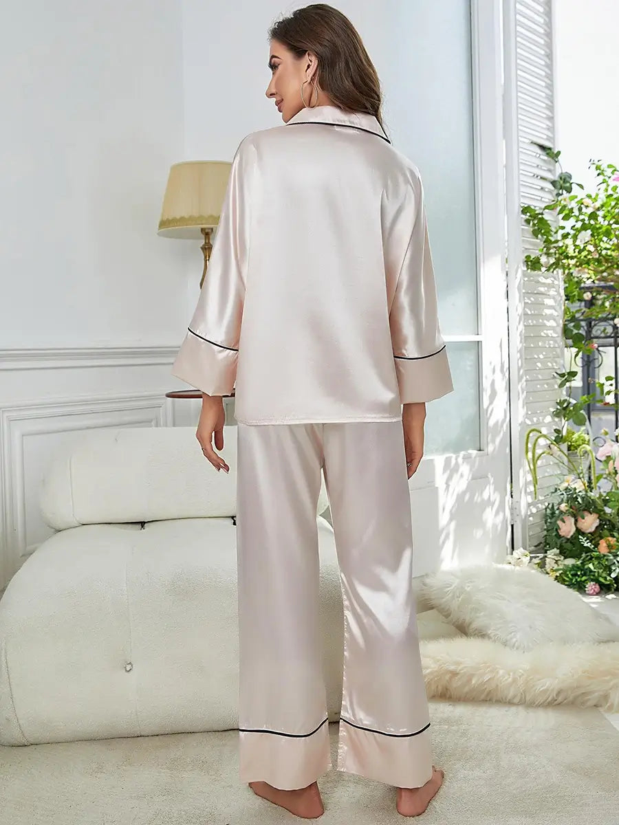 Champagne Classic Elegant Smooth Satin Long Sleeve Simple Upscale Loungewear Nightwear Pajama Set