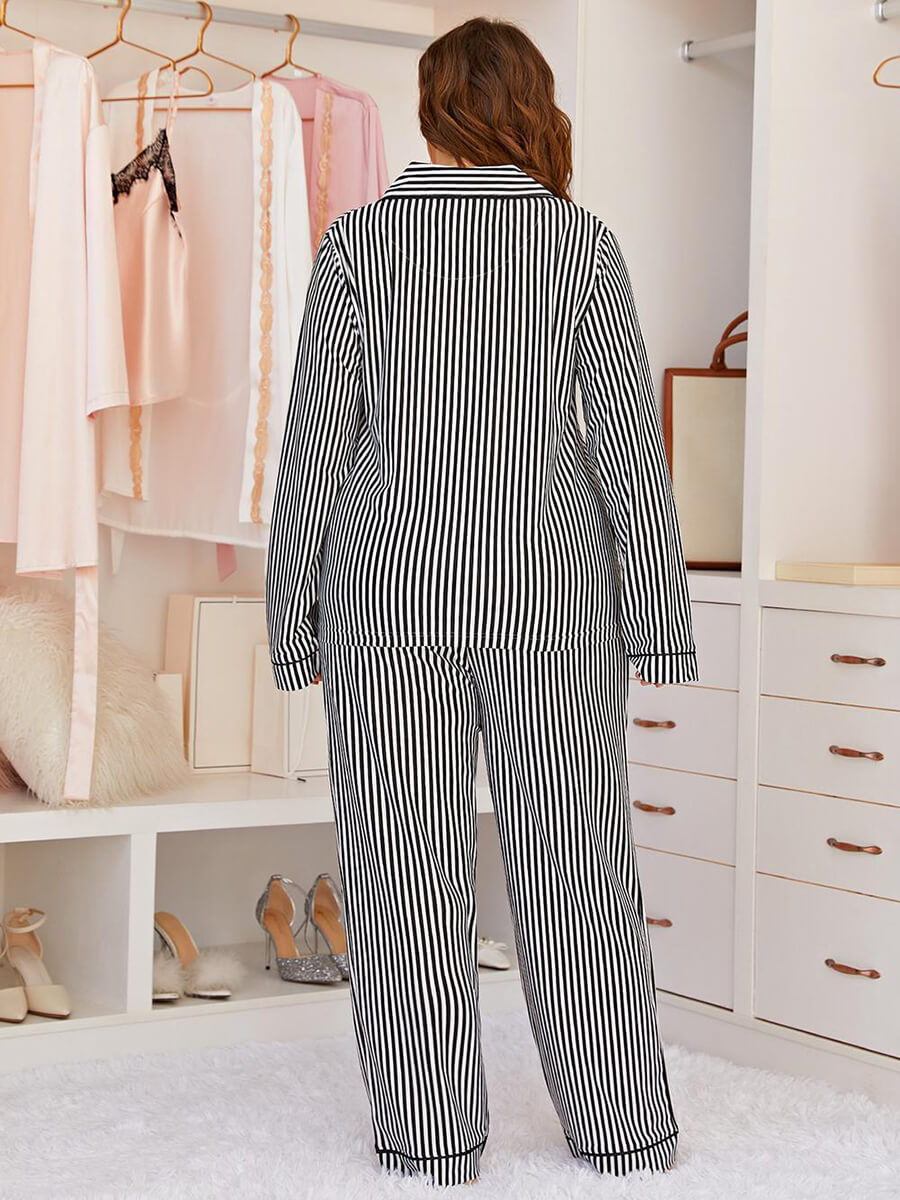 Black Classic Plus Size Long Sleeve Stripe Print Elegant Casual Loungewear Pajama set