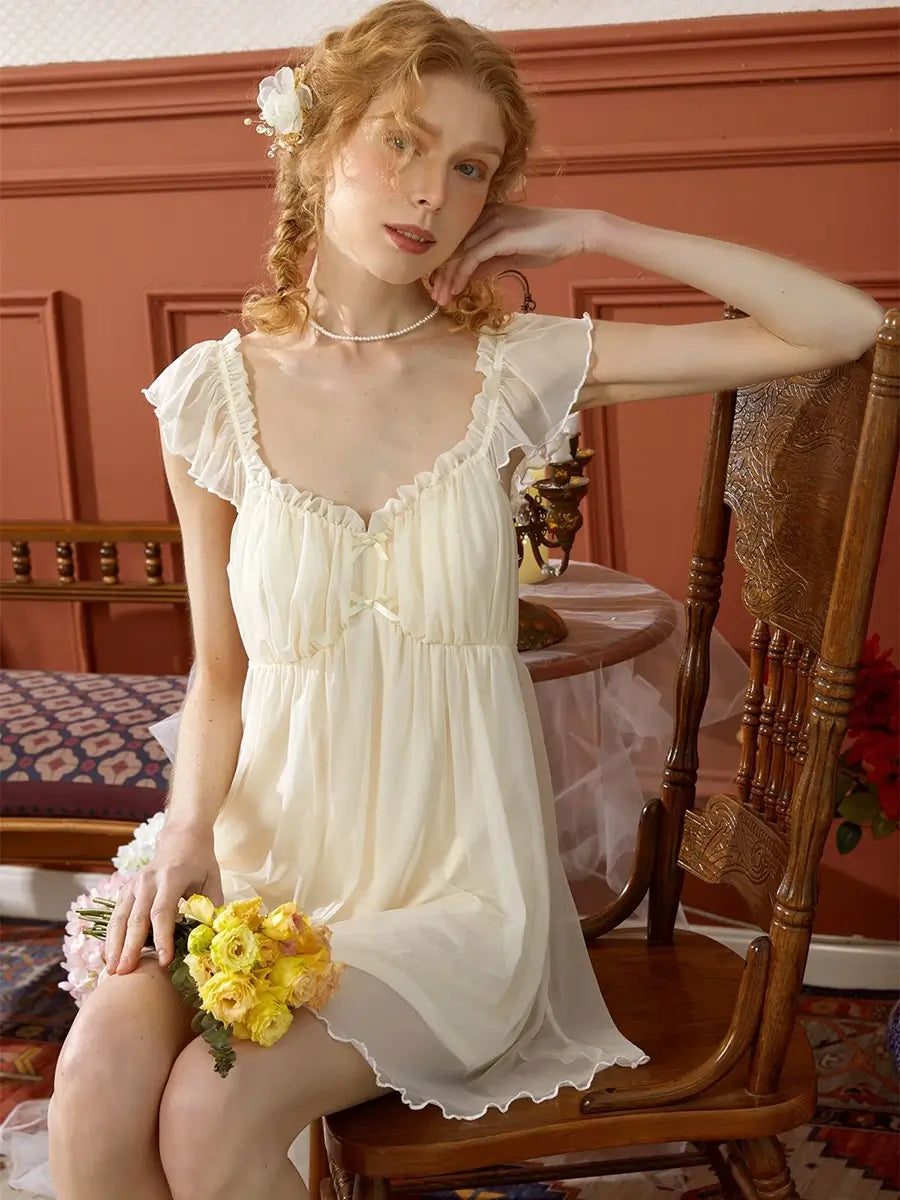 Light Yellow Vintage Romantic Ruffled Design See-Through Mesh Double Layer Lace Elegant Nightwear Nightdress