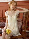 SlesSic Vintage Nightgown with Lace Trim & Ruffle Cap Sleeves in light yellow