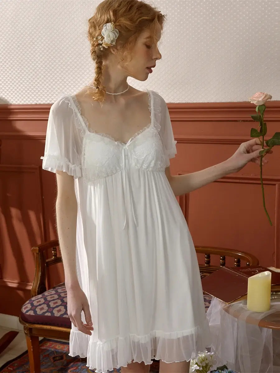 White Vintage Romantic See-Through Mesh Short-Sleeved Ruffled Edge Embroidered Nightwear Nightdress
