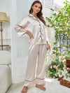 Champagne Classic Elegant Smooth Satin Long Sleeve Simple Upscale Loungewear Nightwear Pajama Set