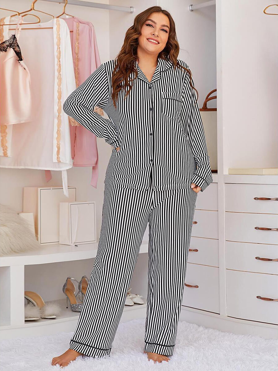 Black Classic Plus Size Long Sleeve Stripe Print Elegant Casual Loungewear Pajama set