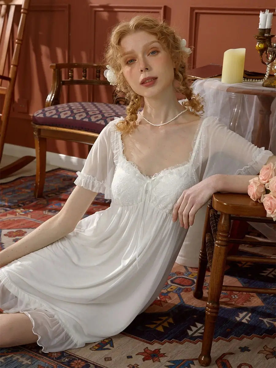White Vintage Romantic See-Through Mesh Short-Sleeved Ruffled Edge Embroidered Nightwear Nightdress
