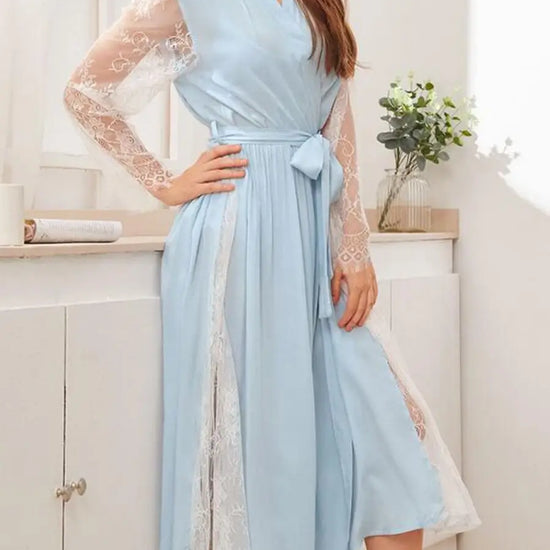 Light Blue Vintage Palace Style Sexy V-neck See-through Lace Mesh Embroidered Nightwear Robe