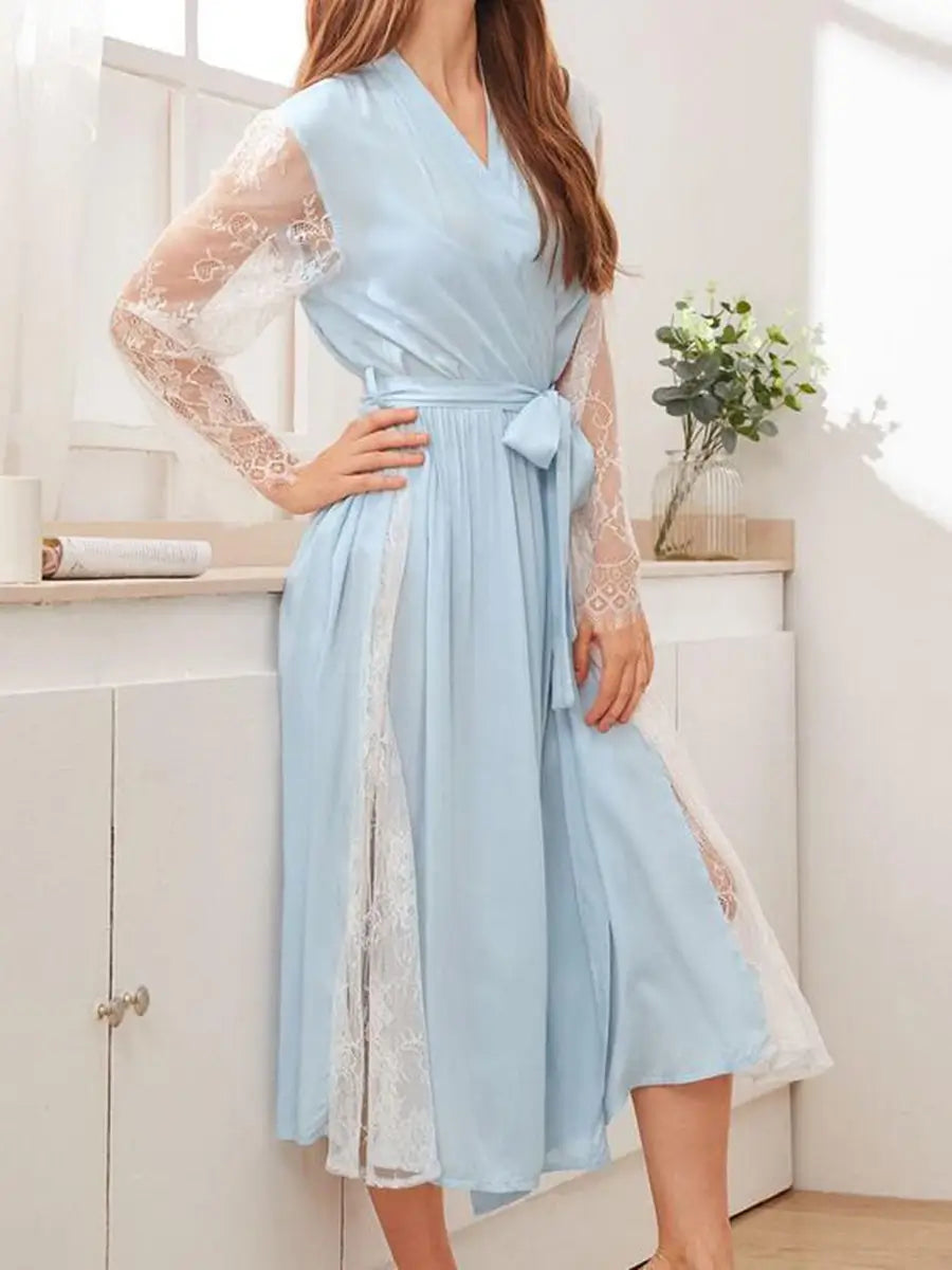 Light Blue Vintage Palace Style Sexy V-neck See-through Lace Mesh Embroidered Nightwear Robe