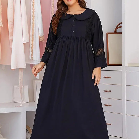 Deep Blue Plus Size Vintage Rayon Romantic Embroidered Chest Buttons See-through Lace Long-sleeved Nightwear Nightdress