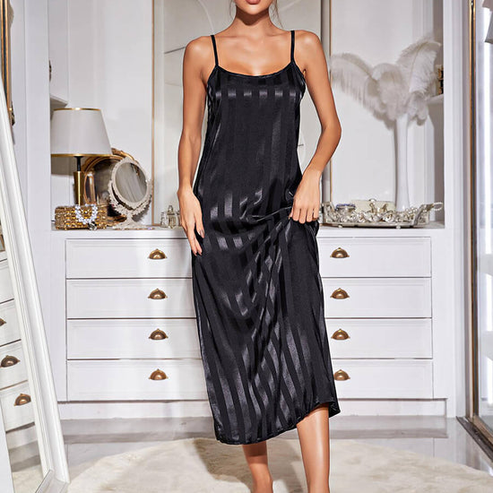 Black Classic Elegant Shiny Large Striped Satin Sexy Robe Slip Nightwear Nightdress Set