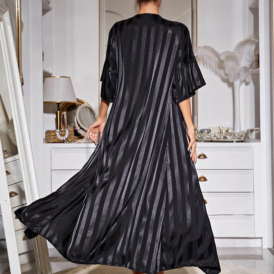 Black Classic Elegant Shiny Large Striped Satin Sexy Robe Slip Nightwear Nightdress Set
